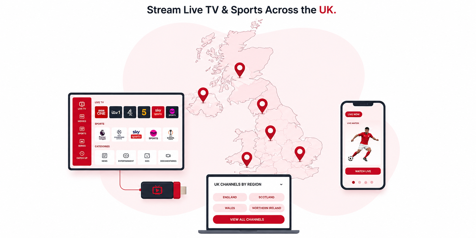 UK map showing nationwide IPTV coverage across devices